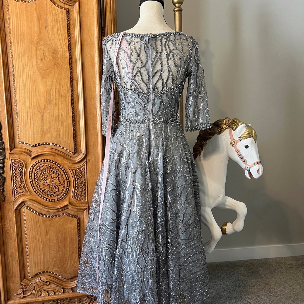 NWT Mac Duggal [2] 20252 Embellished A-Line Cocktail Dress Silver Gray Sequin - Picture 7 of 13